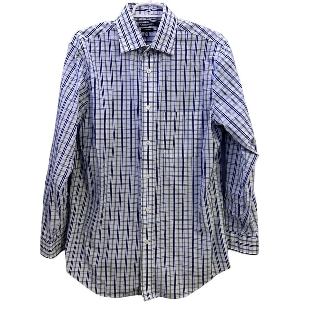 Croft & Barrow Shirt Mens 15.5‎ 32/33 White Blue Plaid Long Sleeve Button Up